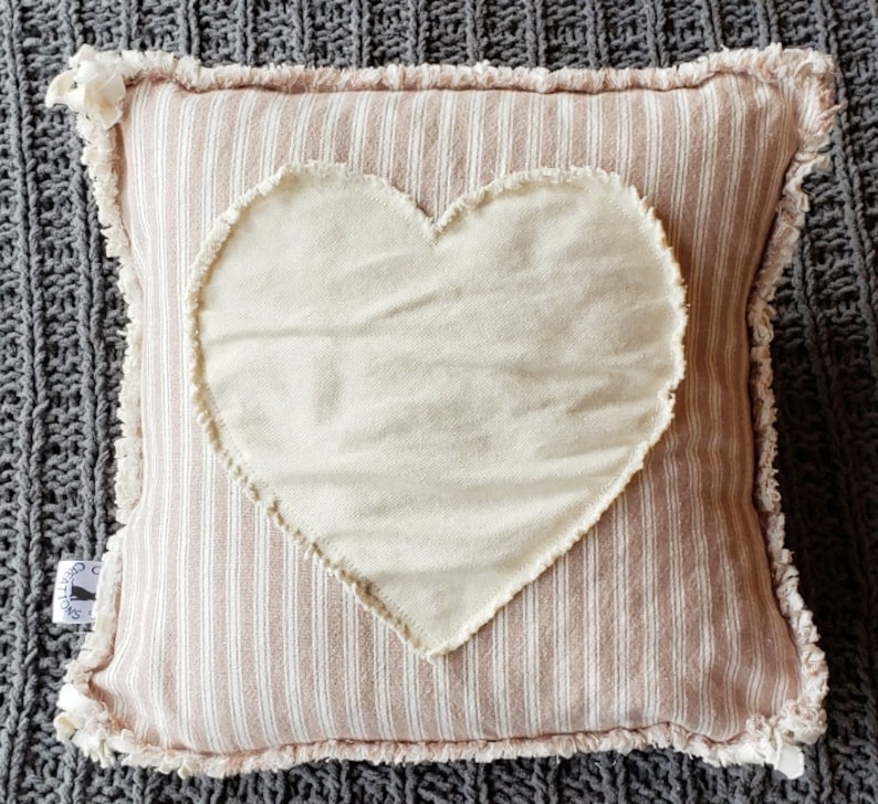 Heart Pillow Cover Natural Denim Heart on Tan and Natural Homespun Raw Edge Applique 12x12 Pillow Cover