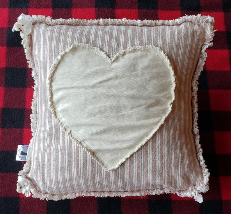 Heart Pillow Cover Natural Denim Heart on Tan and Natural Homespun Raw Edge Applique 12x12 Pillow Cover