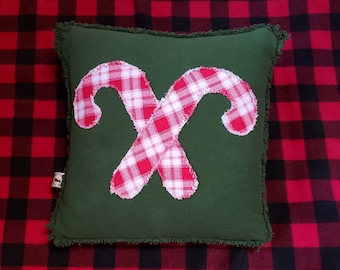 Double Candy Canes Red Plaid on Green Flannel Rag Quilt 16 x 16 Pillow Cover, Rustic, Primitive Christmas Pillow