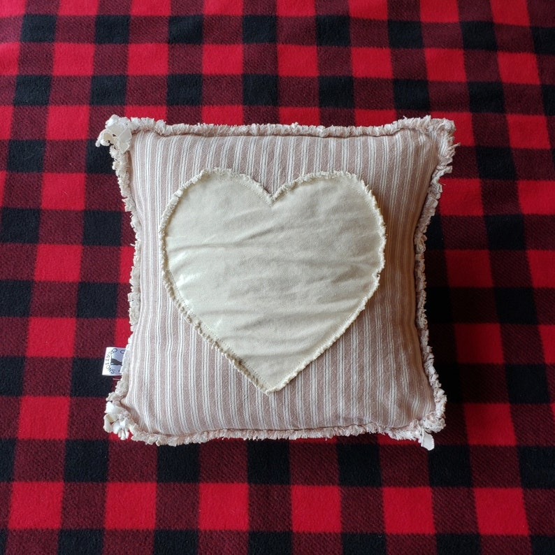 Heart Pillow Cover Natural Denim Heart on Tan and Natural Homespun Raw Edge Applique 12x12 Pillow Cover