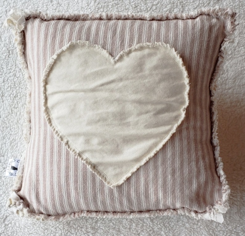 Heart Pillow Cover Natural Denim Heart on Tan and Natural Homespun Raw Edge Applique 12x12 Pillow Cover