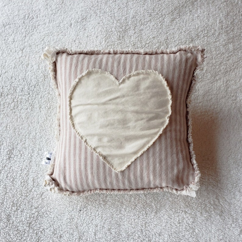 Heart Pillow Cover Natural Denim Heart on Tan and Natural Homespun Raw Edge Applique 12x12 Pillow Cover