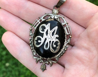Antique ornate French locket with glass door compartment on back, silver applied M monogram, exquisite!