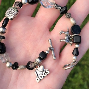 Cute dog themed charm bracelet with toggle clasp, sterling charms