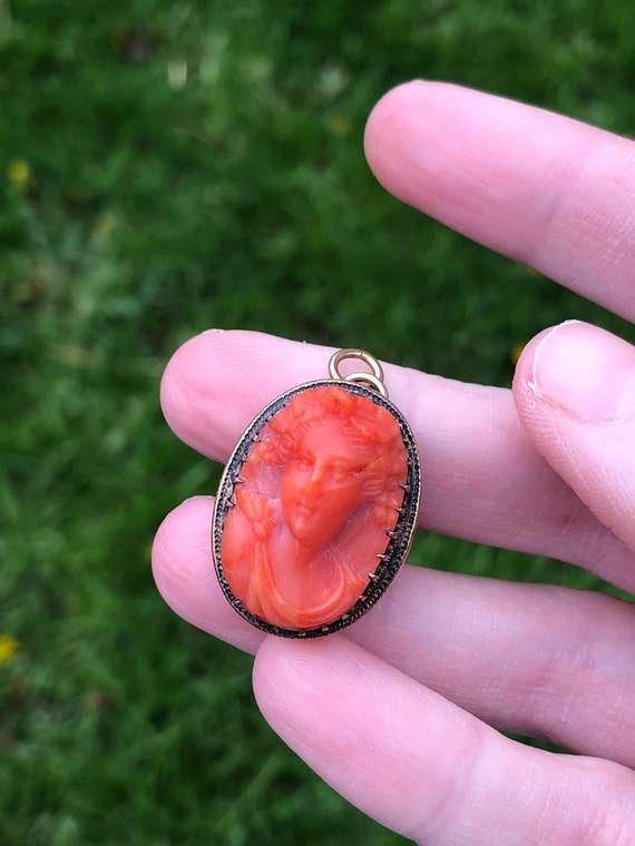 Genuine carved coral cameo pendant, antique