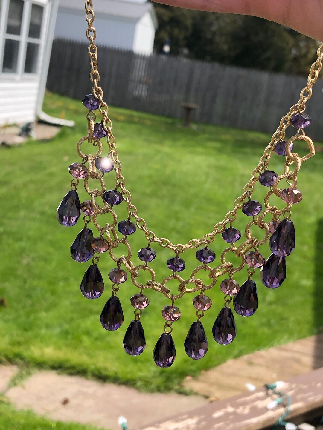 Gold Tone Festoon Necklace With Purple Glass Crystals Etsy