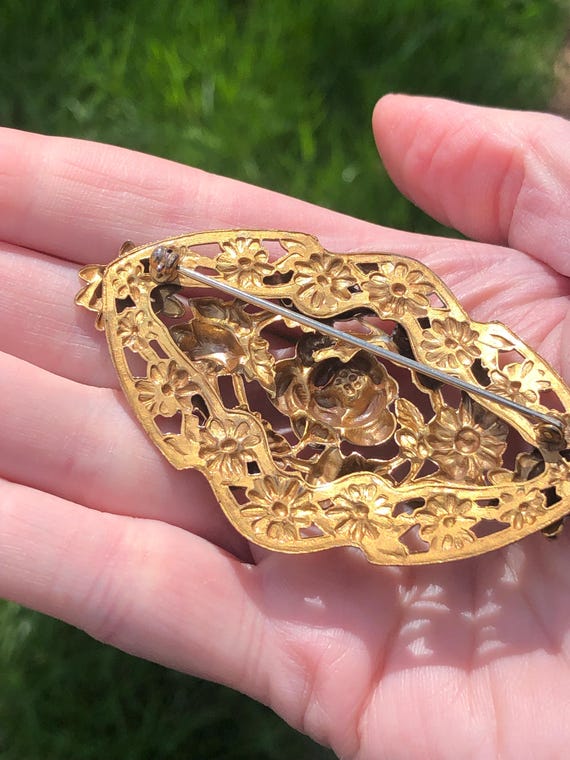 Antique brass sash pin with ornate rose design View 4