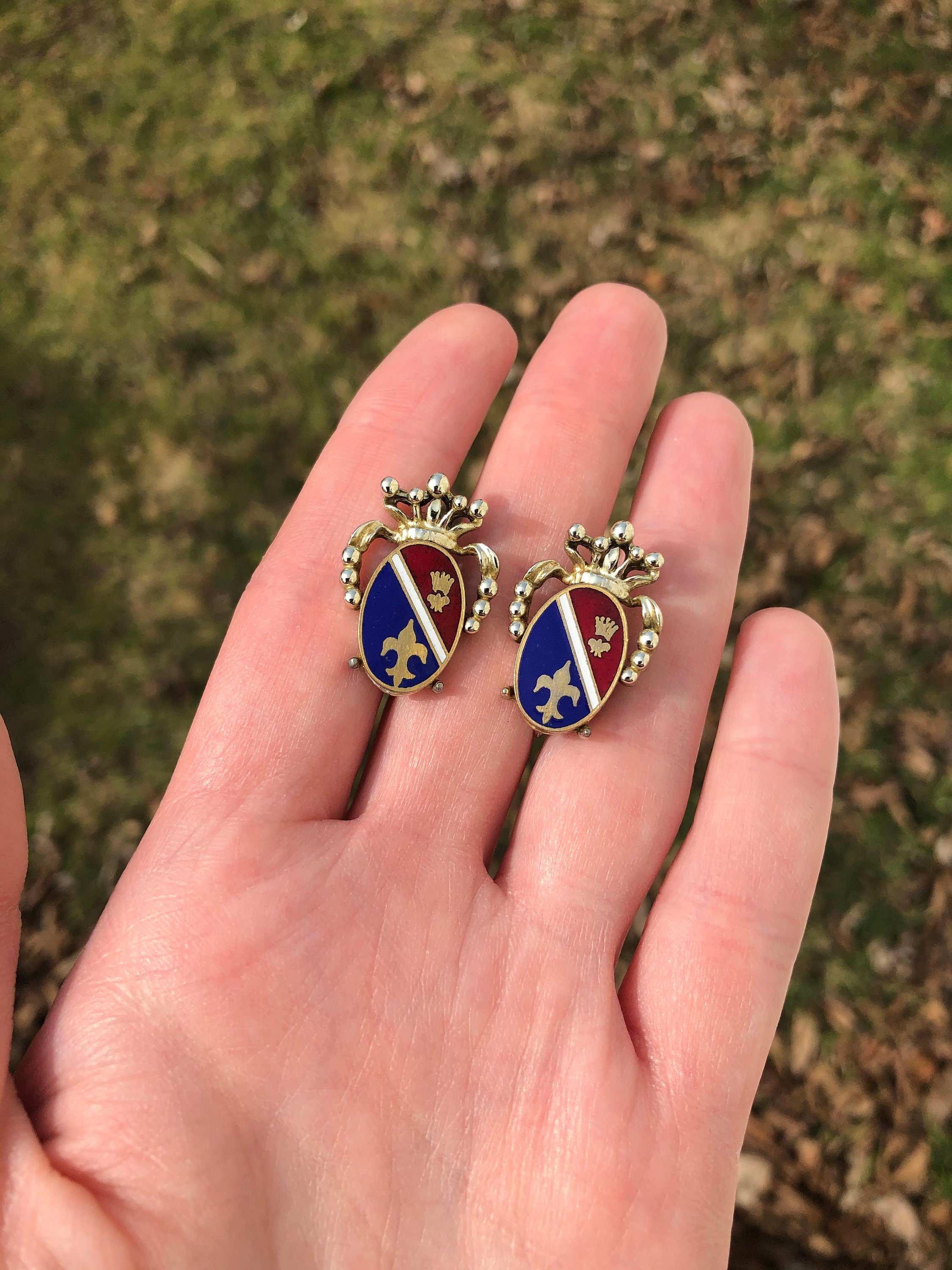 Vintage Coro Earrings Shaped Like Coat of Arms Shields Clip Ons