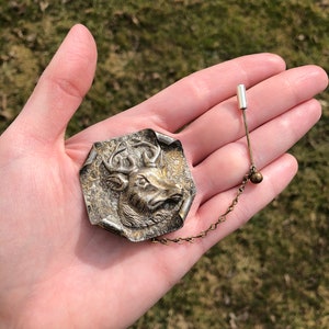 Antique stag brooch with original safety chain, Victorian brooch