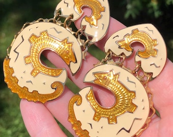 Signed Edgar Berebi vintage earrings, gold and white enamel, for pierced ears.