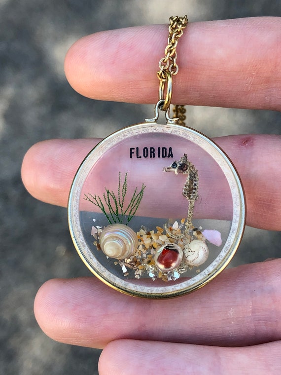 Florida Souvenir Anhänger mit Muscheln, Seegras, Seepferdchen innen. Harz  Anhänger - .de