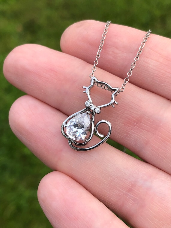 Sterling and CZ cute cat pendant on sterling chain