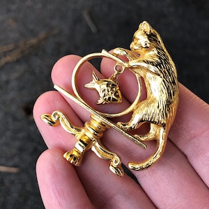 Cat with dangling fish in fish bowl brooch signed Avon