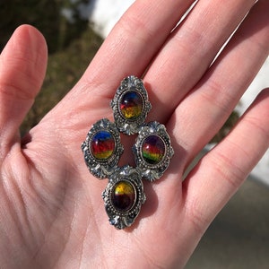 Vintage art glass brooch in Victorian style setting, colorful and hefty!