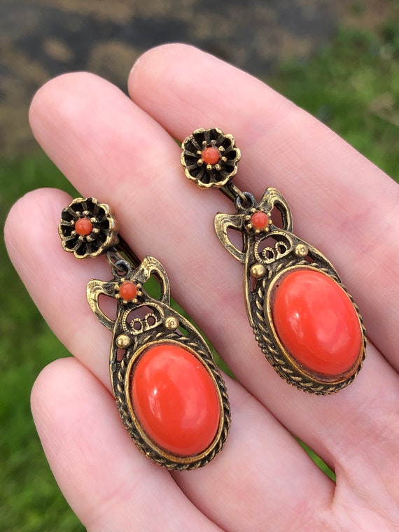 Signed Coro faux coral earrings, Victorian style, 