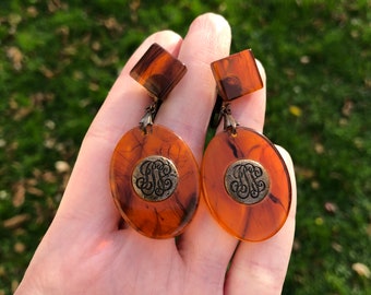 Vintage faux tortoiseshell celluloid and brass earrings, Victorian revival earrings