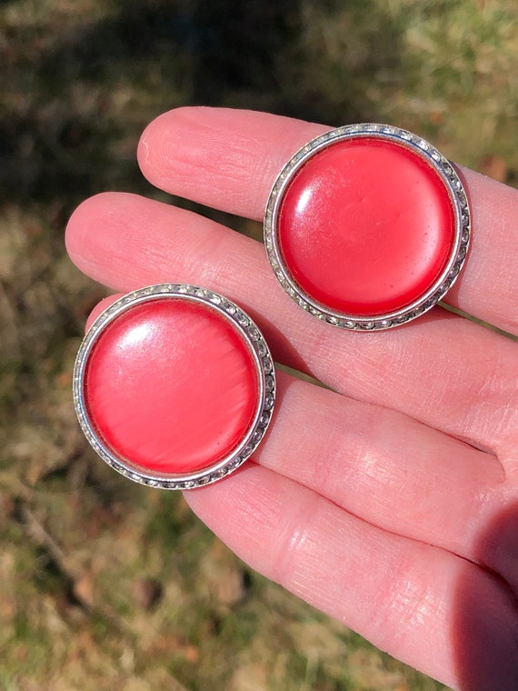 Clip on red lucite earrings with rhinestone halo s