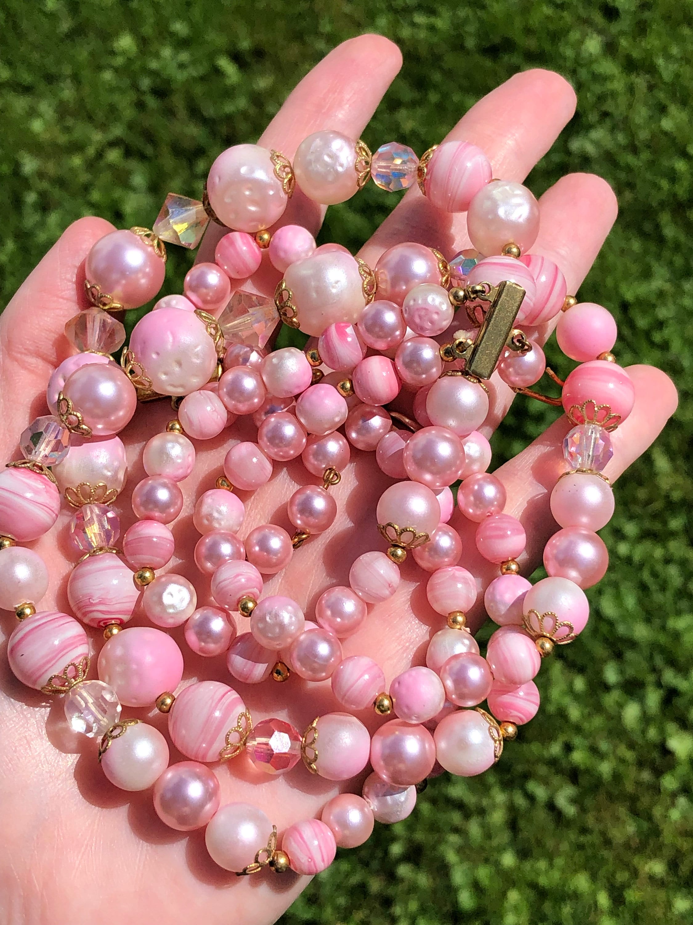 Double Strand 1960s Pink Beaded Necklace With Lots of Bead 