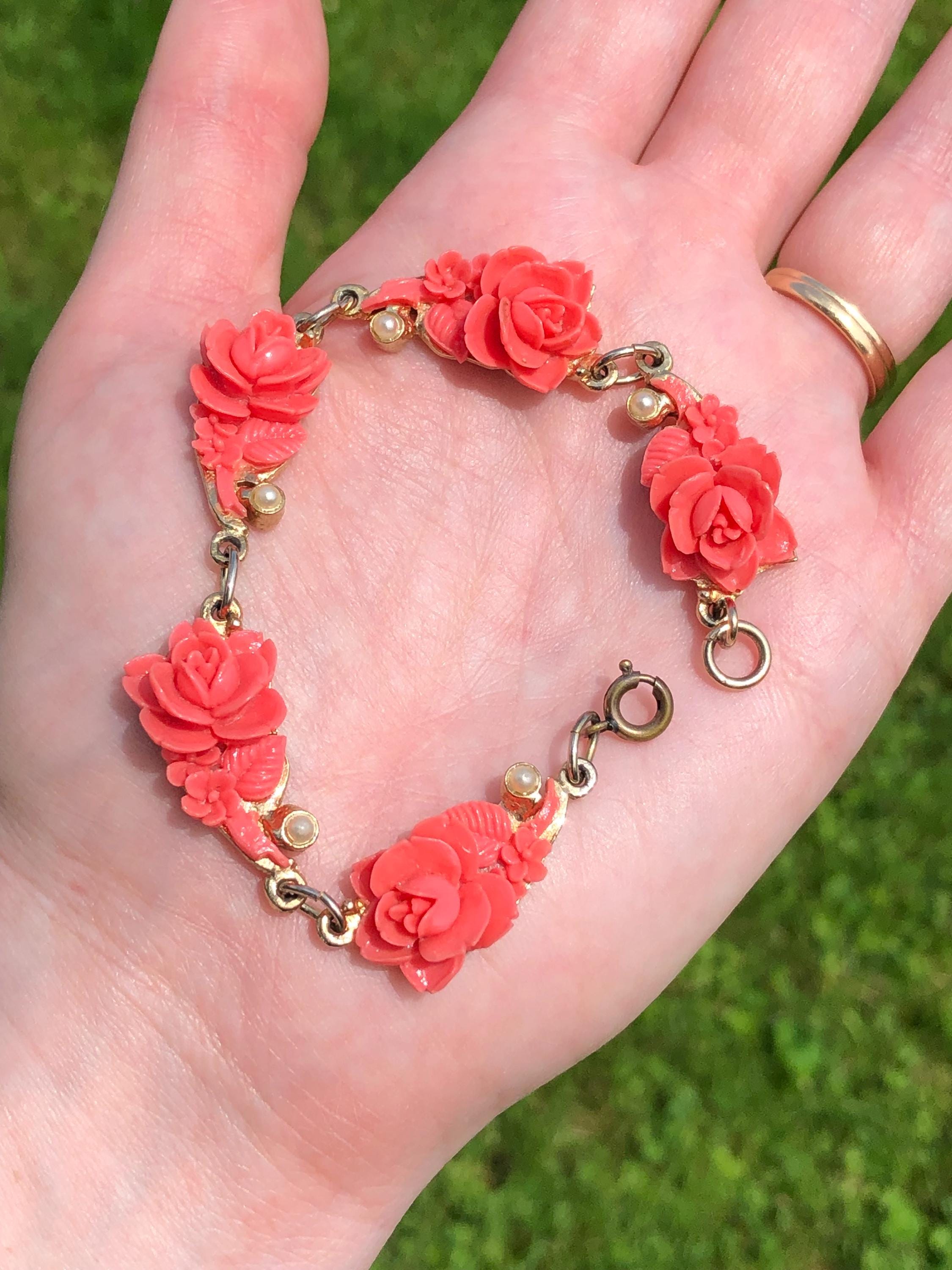Vintage Celluloid Pink Rose Bracelet, 7.5 Inches - Etsy