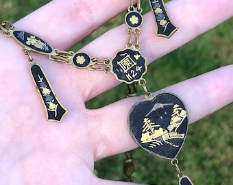 Vintage damascene necklace with heart pendant and floral panels all the way around, 24K inlay