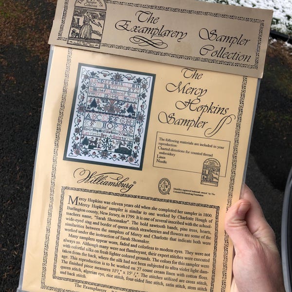 Mercy Hopkins counted cross stitch kit, linen and thread included, The Examplarery Williamsburg kit