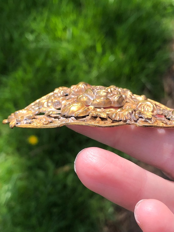 Antique brass sash pin with ornate rose design View 2