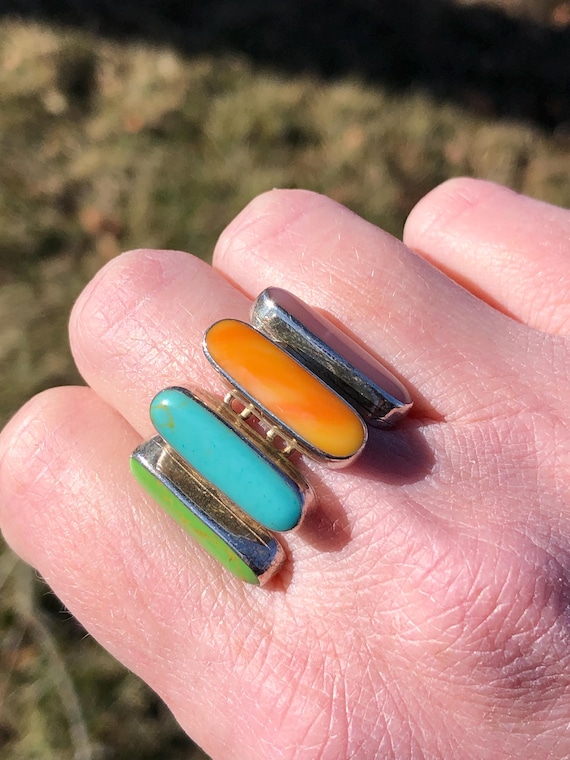 Alpaca Metal and Oblong Gemstone Ring, Very Colorful, Size 8.25, Moda 