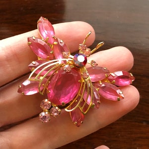 Amazing pink vintage bug brooch, large with sparkly rhinestones