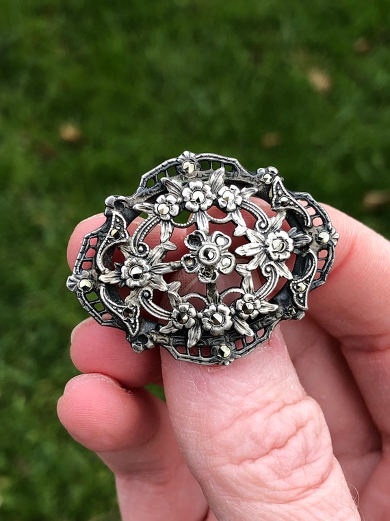 Art Deco silver and marcasite ornate brooch - image 1