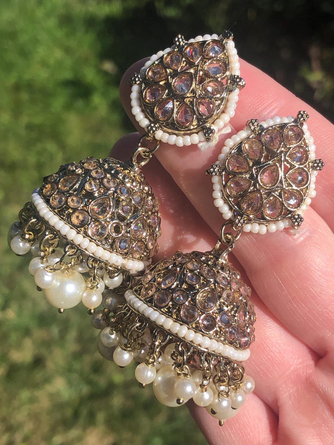Jhumka Rhinestone Hefty Pair of Jhumka Traditional Indian Earrings, Hand Strung Seed ...
