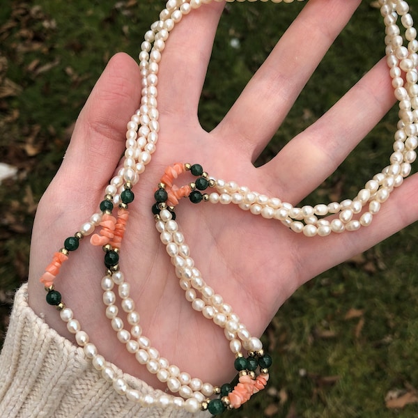 Vintage cultured pearl, jade beads, and coral chips necklace, beautiful color combination!