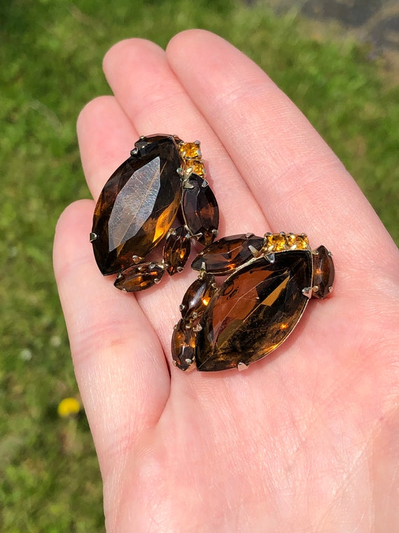 Vintage orange and brown rhinestone clip on earri… - image 1