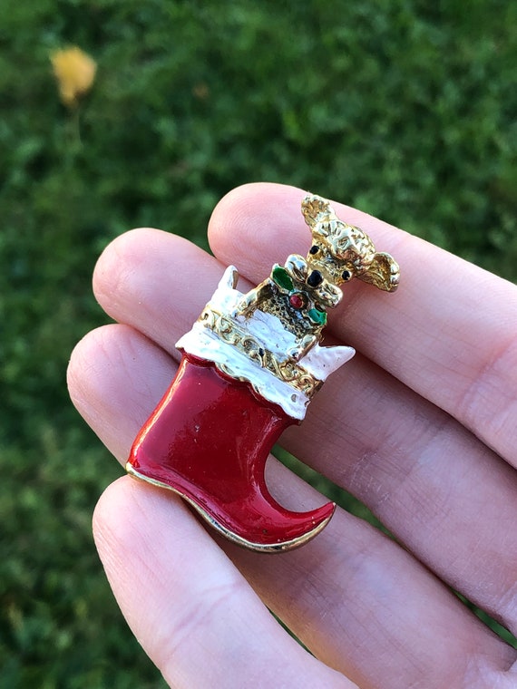 Christmas stocking brooch with cute dog. Poodle?