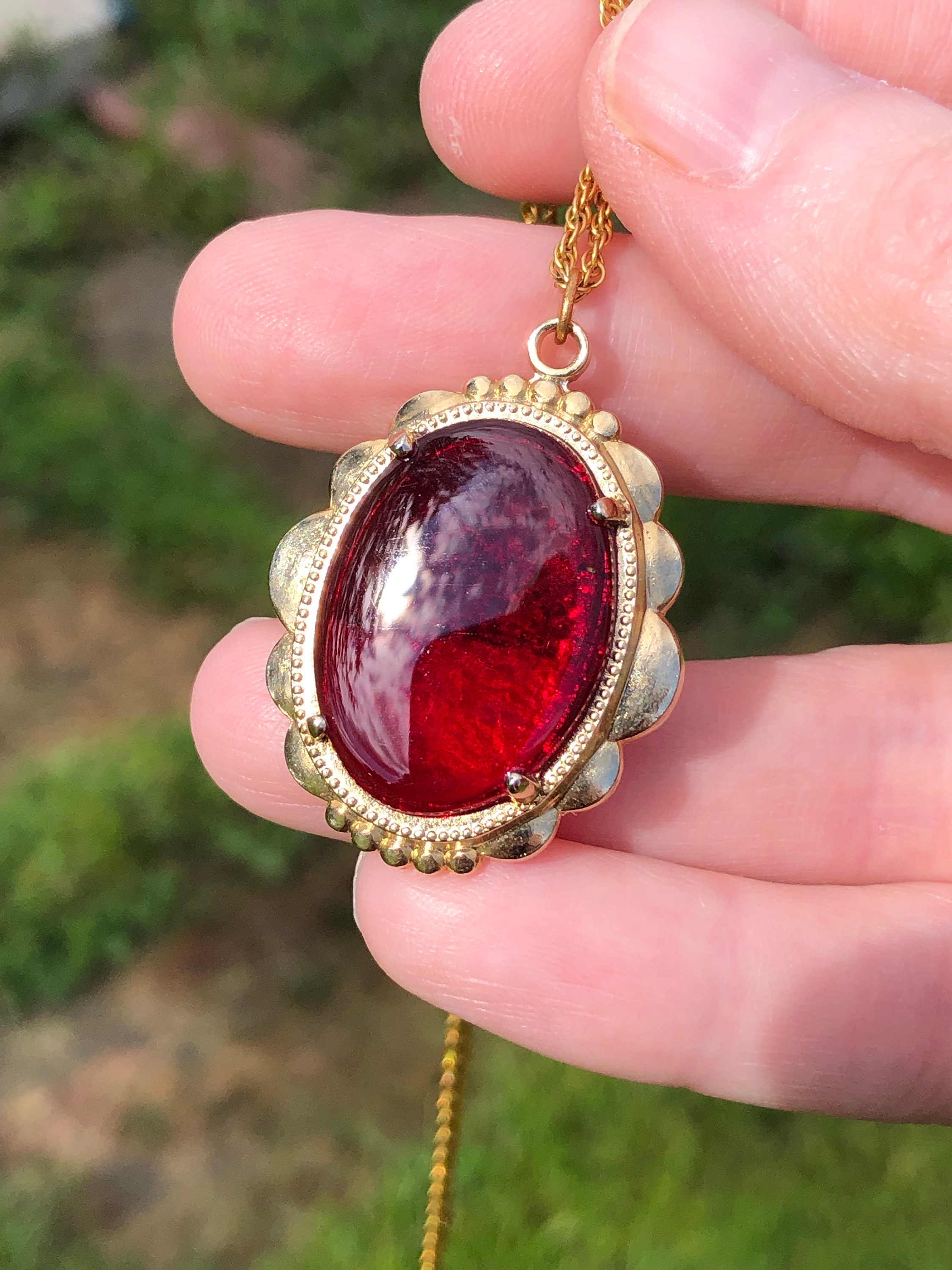 Vintage Pendant With Large Red Glass Cabochon, Victorian Style