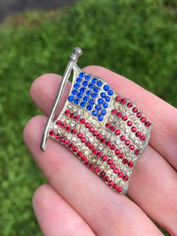 1940s paste and pot metal American flag brooch, r… - image 1
