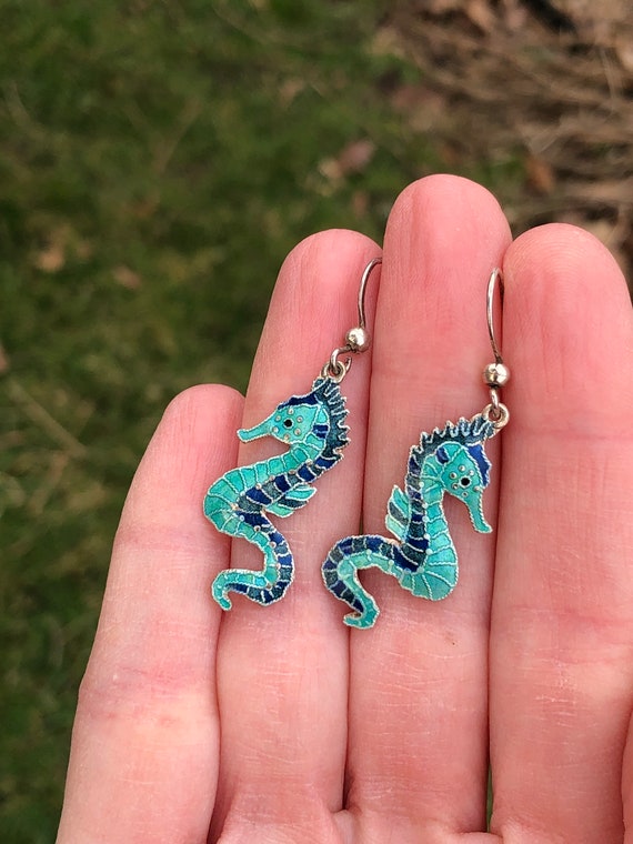 Enamel seahorse earrings on french hooks, sterling