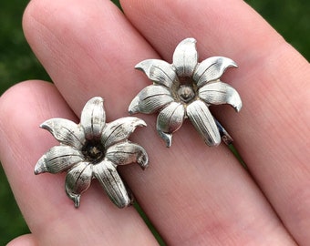early 20th century screw back earrings, morning glories or lilies, sterling silver