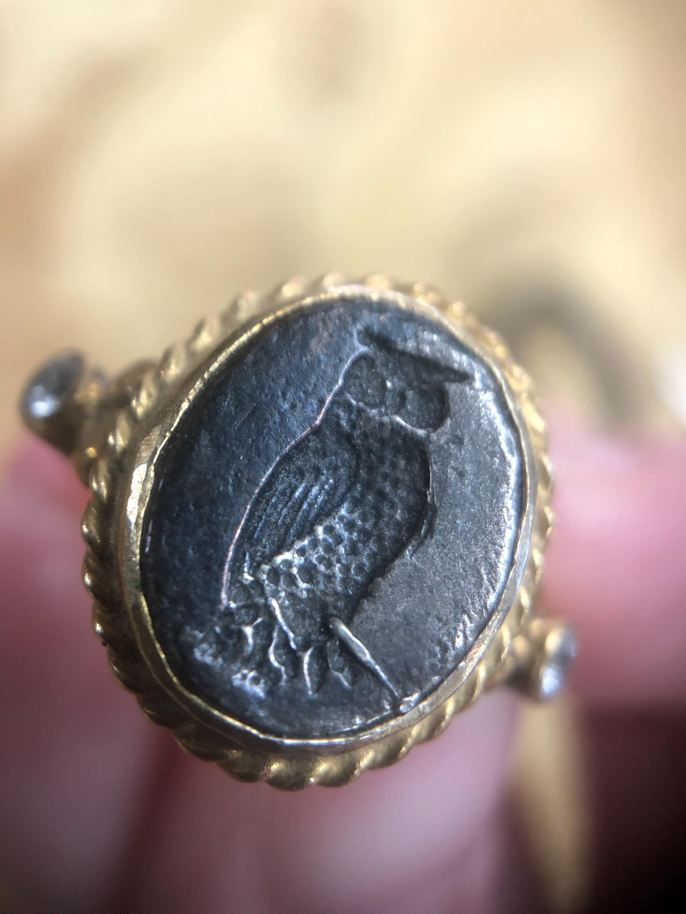 Owl signet ring, vermeil sterling band, size 6.25