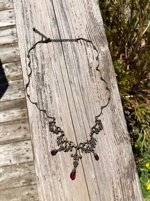 Avon brass and pink rhinestone festoon necklace - image 2