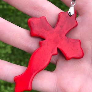 Large red resin gothic cross pendant on sterling chain