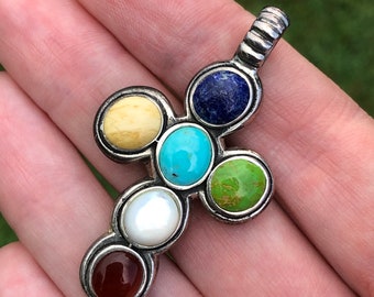 Gemstone sterling cross pendant, multicolored
