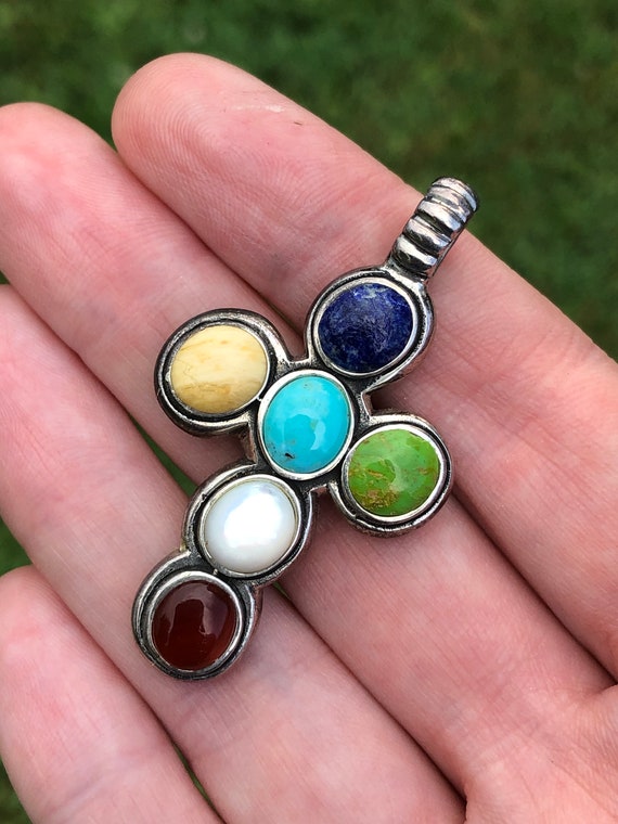 Gemstone sterling cross pendant, multicolored - image 1