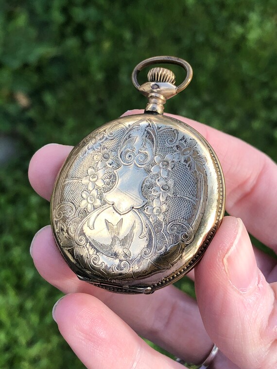 Antique Pocket Watch With Ornate Engravings Including Swallows. Not