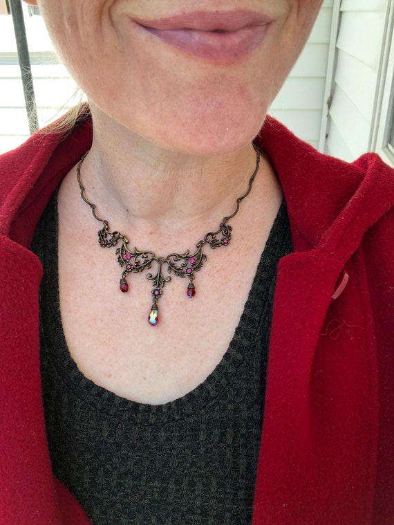 Avon brass and pink rhinestone festoon necklace - image 1