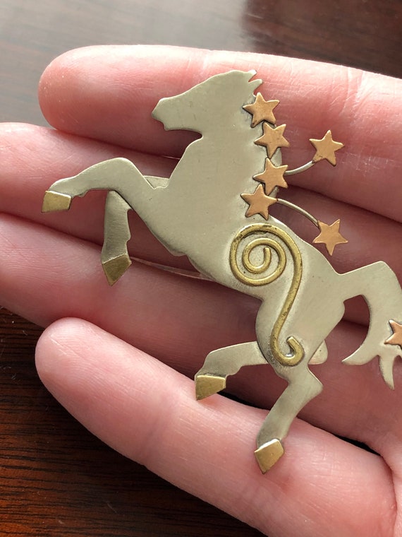 Artisan made mixed metal horse brooch