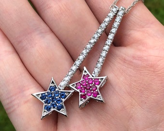 Sterling silver shooting star necklace with genuine ruby star and blue paste star
