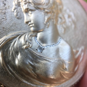 Vintage 1960s pendant, plastic cameo wearing tiny rhinestone necklace, very detailed