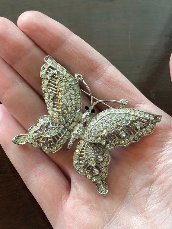 Large vintage rhinestone butterfly brooch signed L