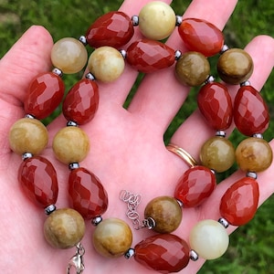 Hefty gemstone beaded necklace with sterling findings, carnelian and agate