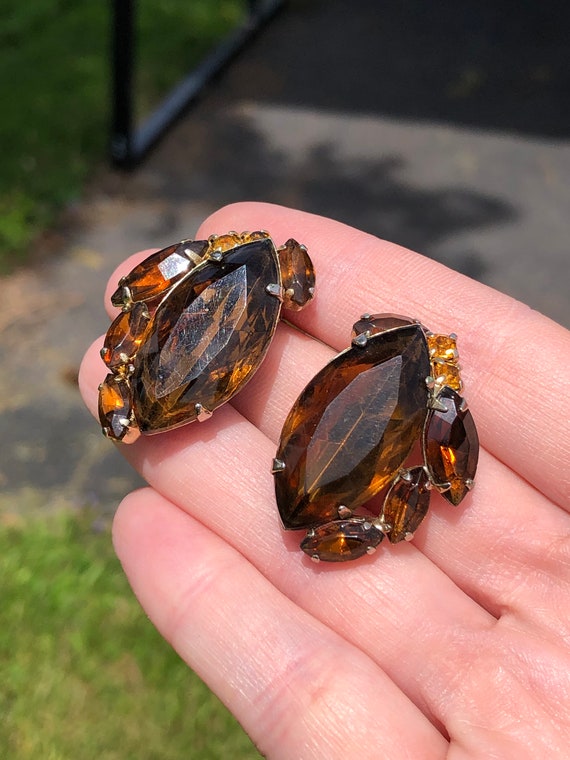 Vintage orange and brown rhinestone clip on earri… - image 5